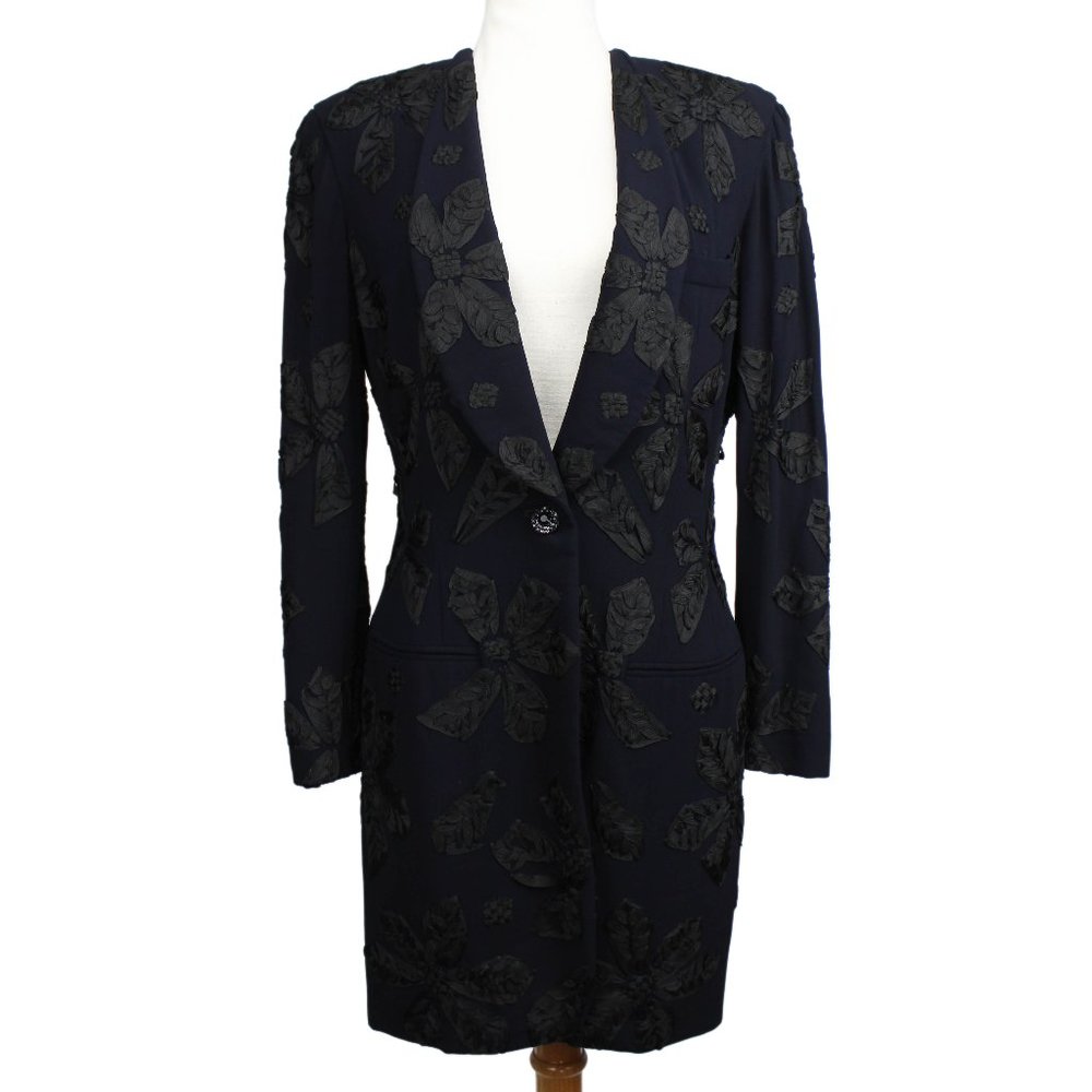 VTG Donna Karan New York Navy/Black Floral Embroidered Night Long Blazer Coat 10